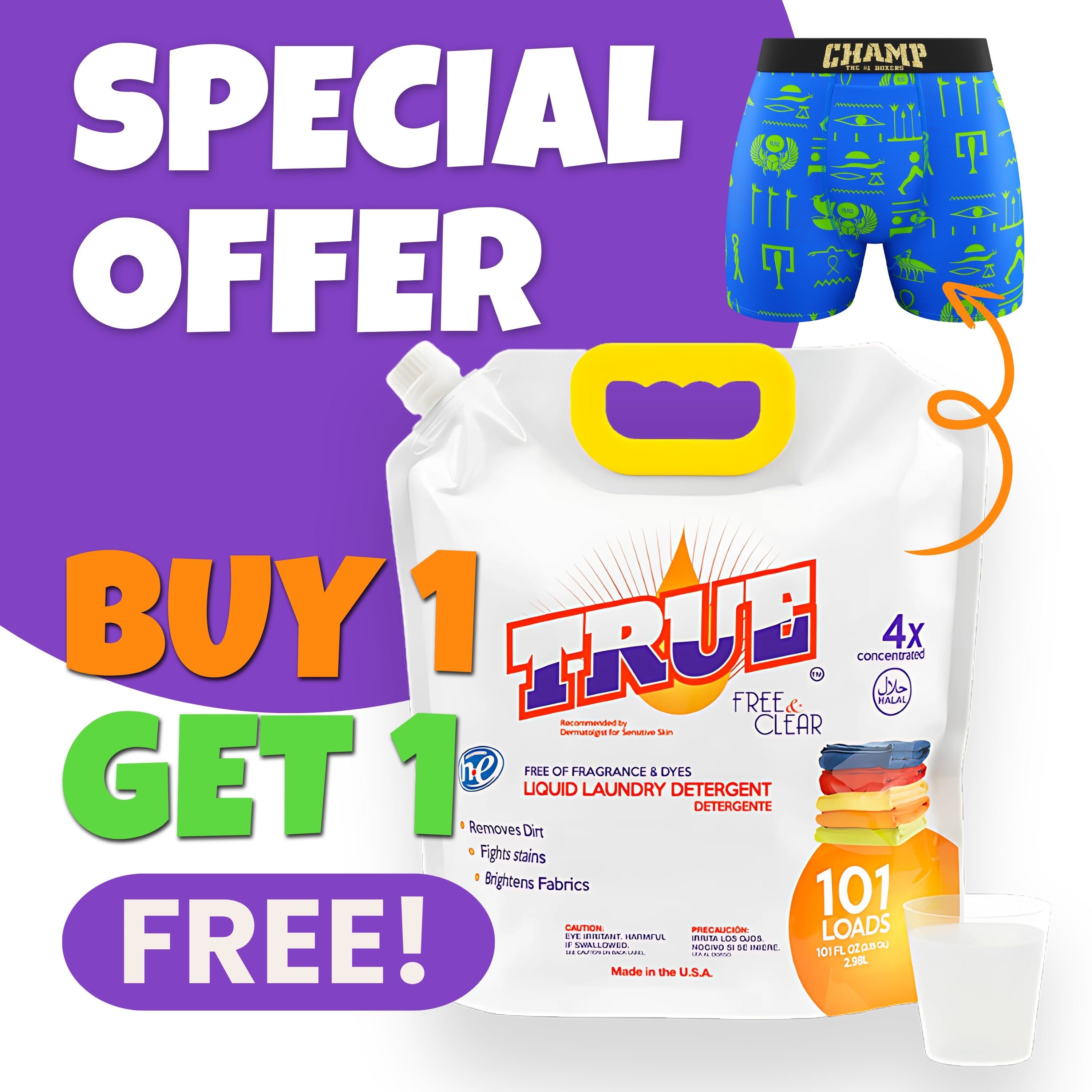 1 FREE PAIR OF CHAMP BOXERS BRIEFS with a purchase of Free & Clear Laundry Detergent for Sensitive Skin • 101 Load +