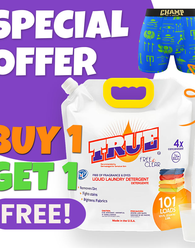 1 FREE PAIR OF CHAMP BOXERS BRIEFS with a purchase of Free & Clear Laundry Detergent for Sensitive Skin • 101 Load +