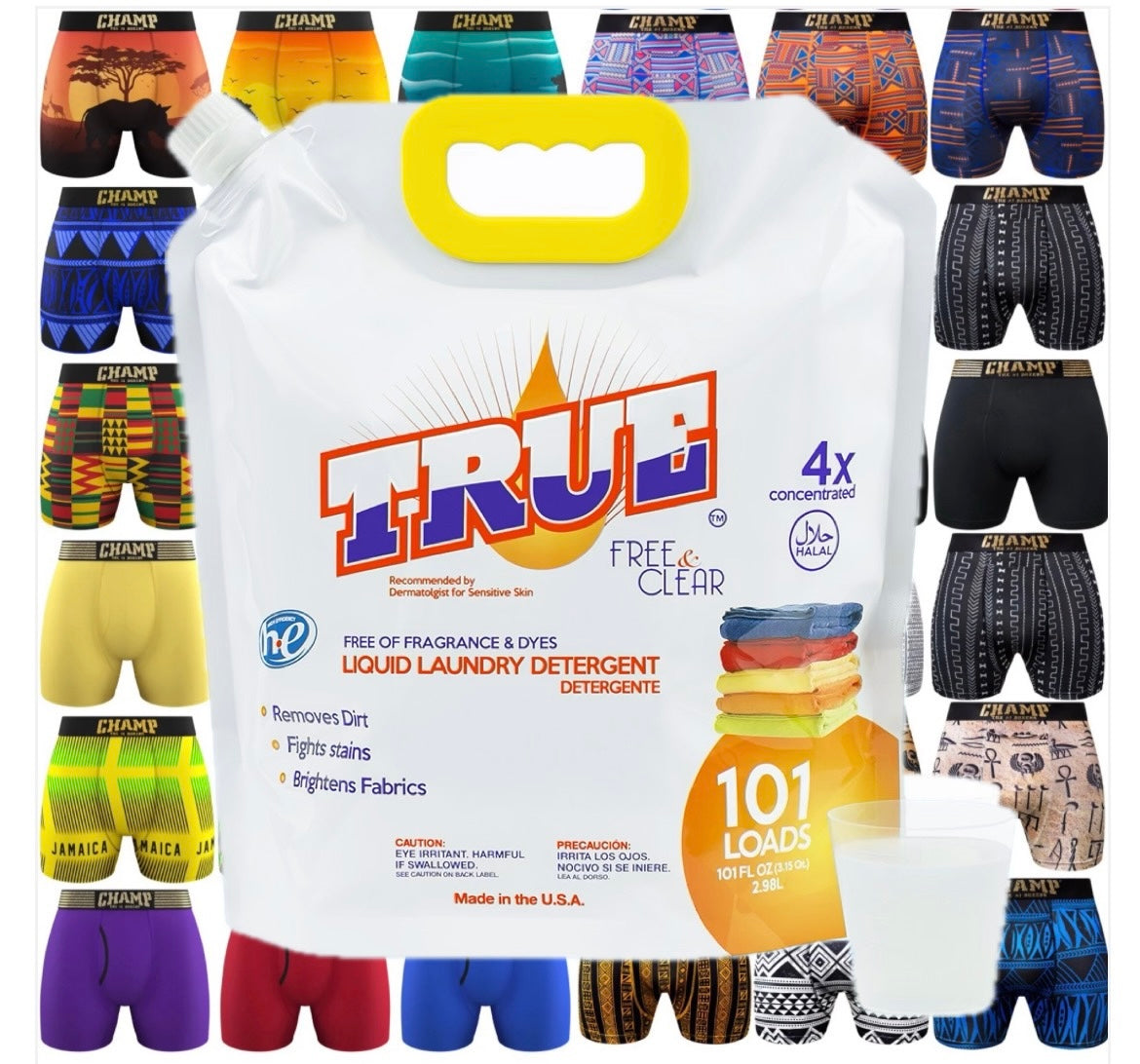 1 FREE PAIR OF CHAMP BOXERS BRIEFS with a purchase of Free & Clear Laundry Detergent for Sensitive Skin • 101 Load +