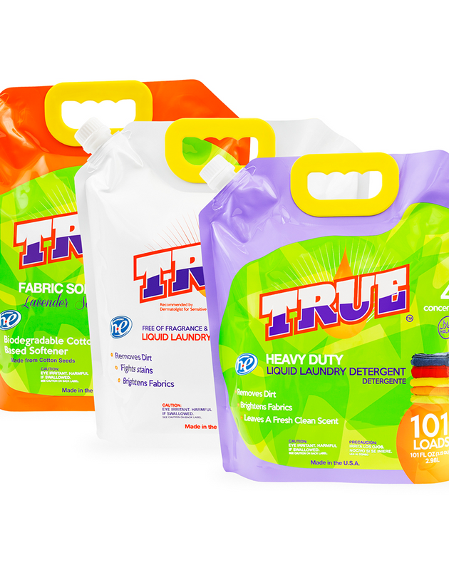 1 True Laundry Detergent • 1 Free & Clear Laundry Detergent • 1 Plant Based Fabric Softener