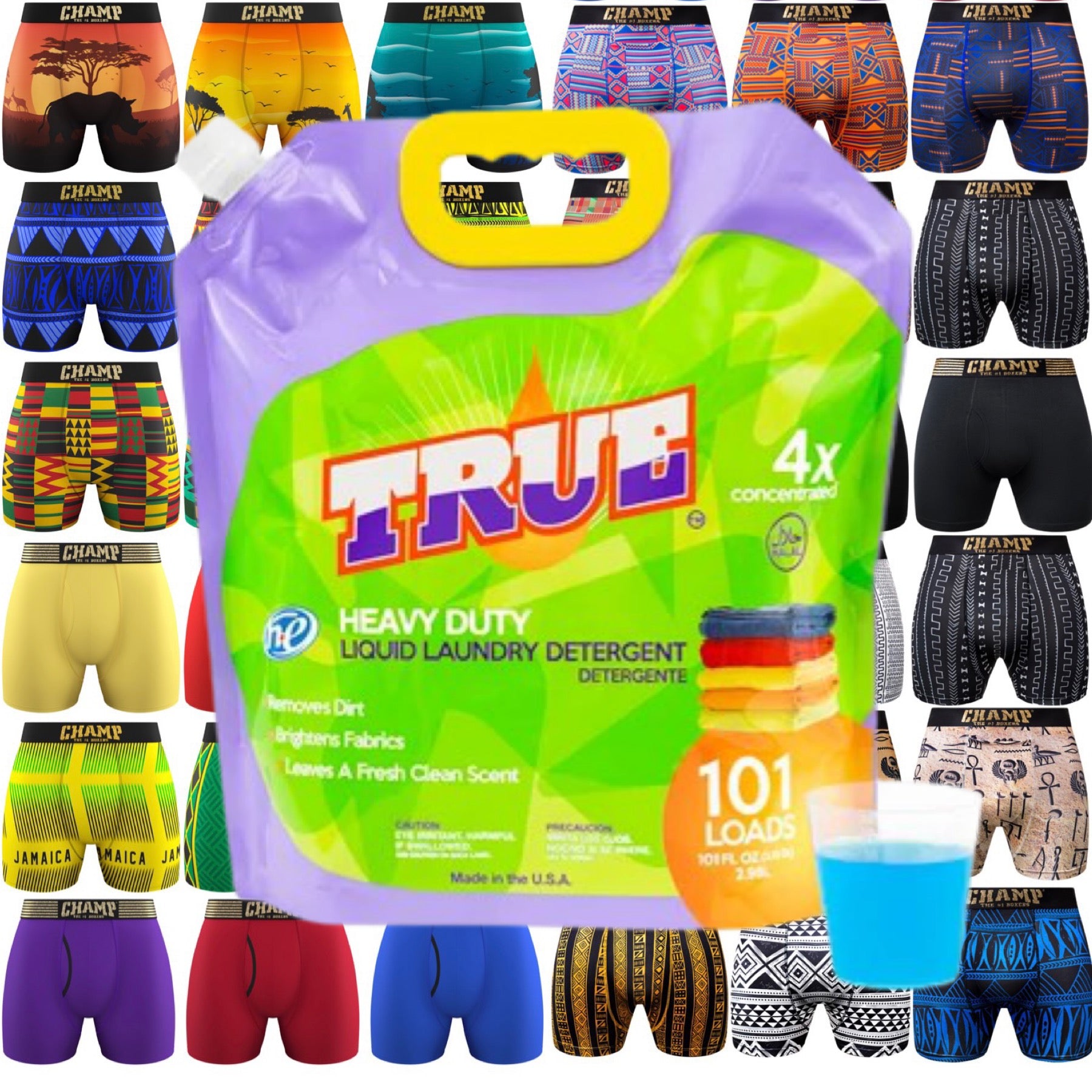 1 FREE PAIR OF CHAMP BOXERS BRIEFS with a purchase of True Laundry Detergent • 101 Load